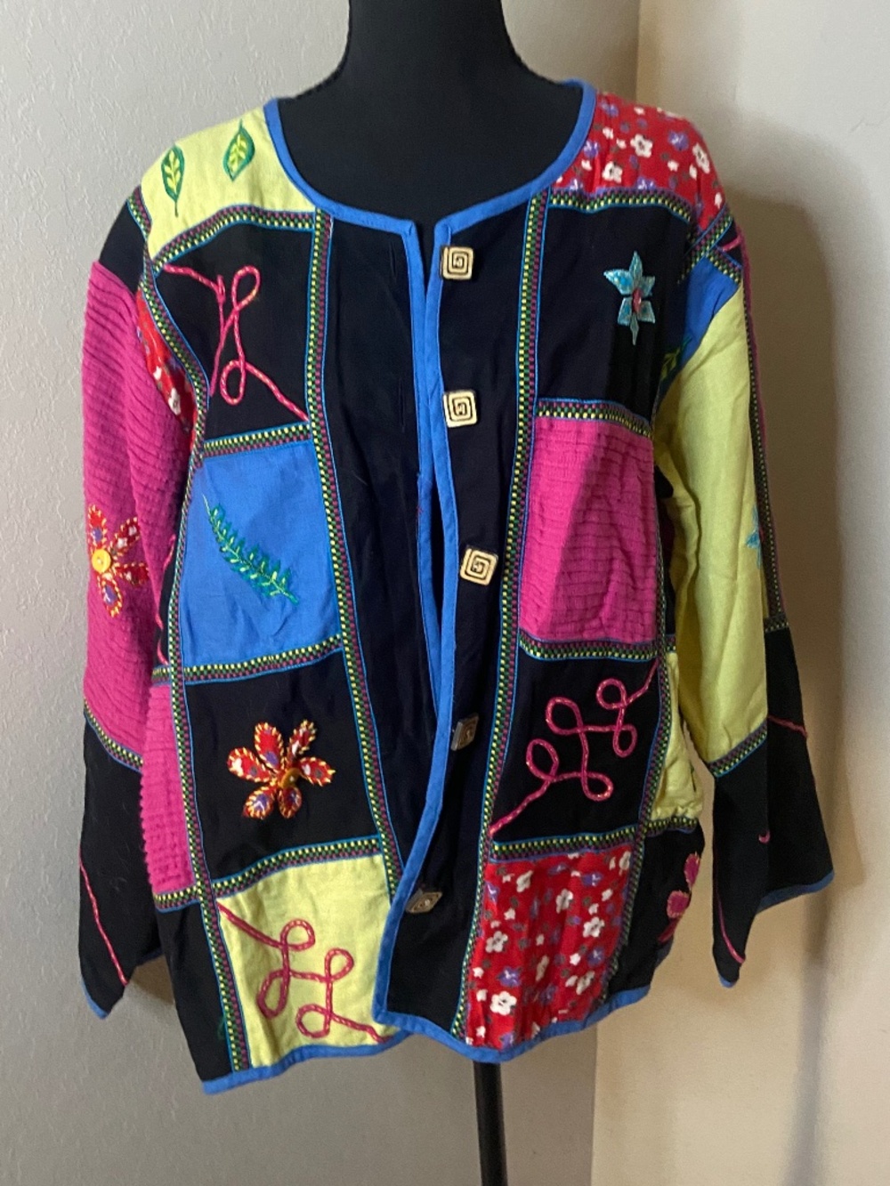 Vintage 90s New Direction Linen Blend Patchwork Jacket Embroidered Artsy XL